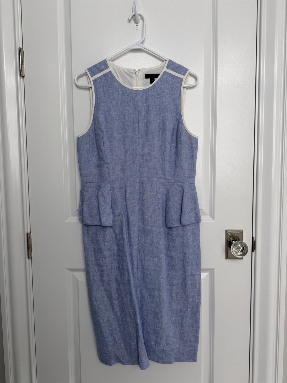 J. Crew Light Blue Chambray Peplum Sheath Dress with Cream Trim